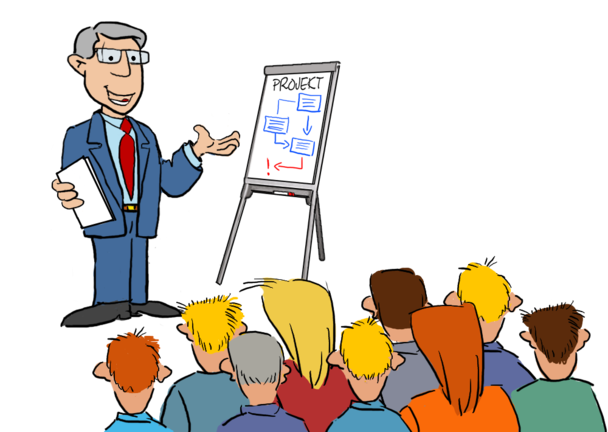 FuSi-Cartoon: Kleiner i-Q-Mitarbeiter - Chef sprechend vor einer Gruppe - © i-Q Schacht & Kollegen Qualitätskonstruktion GmbH