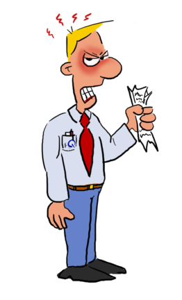 FuSi-Cartoon: Kleiner i-Q-Mitarbeiter - Ingenieur zornig - © i-Q Schacht & Kollegen Qualitätskonstruktion GmbH