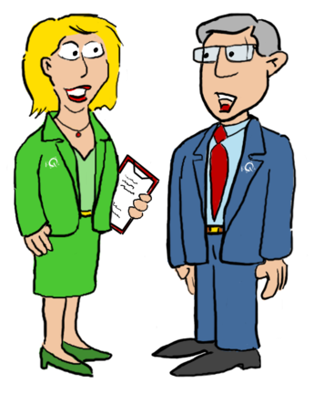 FuSi-Cartoon: Kleine i-Q-Mitarbeiter - Sekretärin mit Klemmbrett vorm Chef - © i-Q Schacht & Kollegen Qualitätskonstruktion GmbH